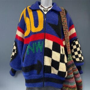 Vintage I.B. Sport Mohair Knit Jacket Zip Up Bold Graphic Checkerboard Funky